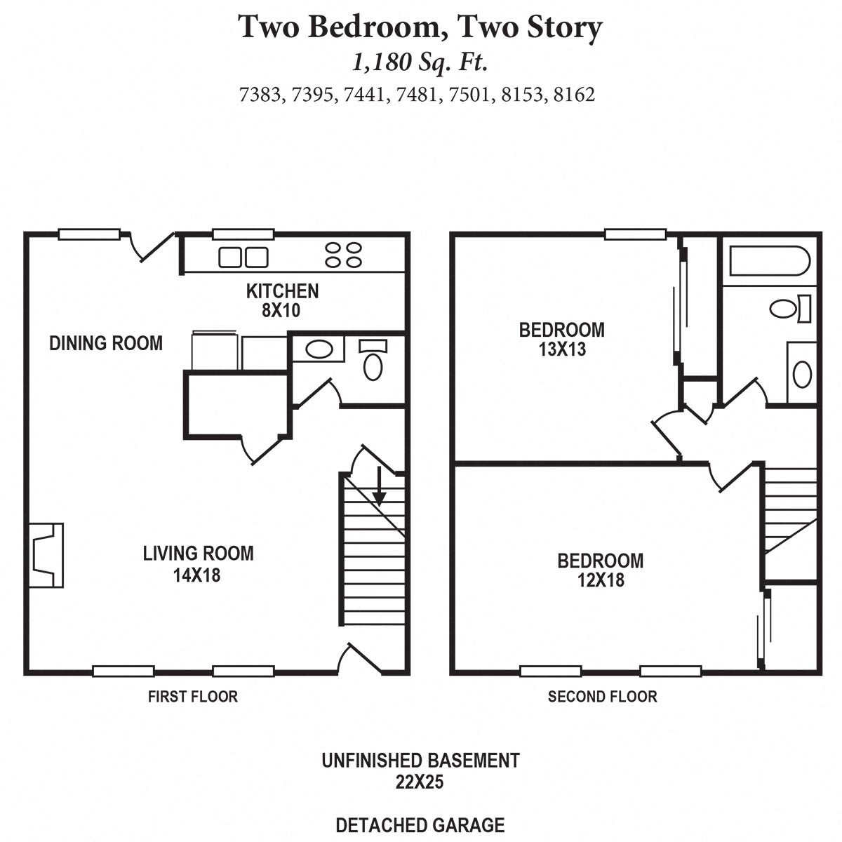 Floor plan for 2 beds, 1.5 baths, 1180 sqft